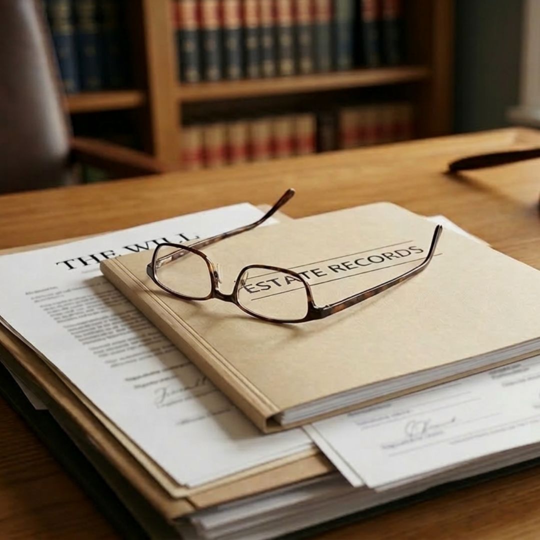 contesting-a-will-uk-probate-records A stack of legal documents on a solicitor's desk including a file for estate records and the will, ready for a contested probate claim.