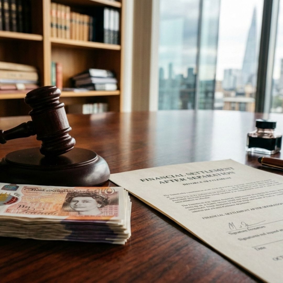British pound banknotes and a legal document titled Financial Settlement After Separation with a gavel in a London office.