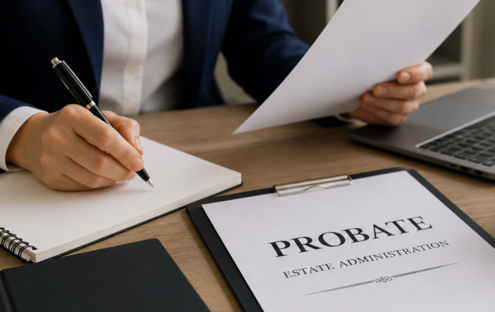 Probate solicitor reviewing estate administration documents in a professional office.