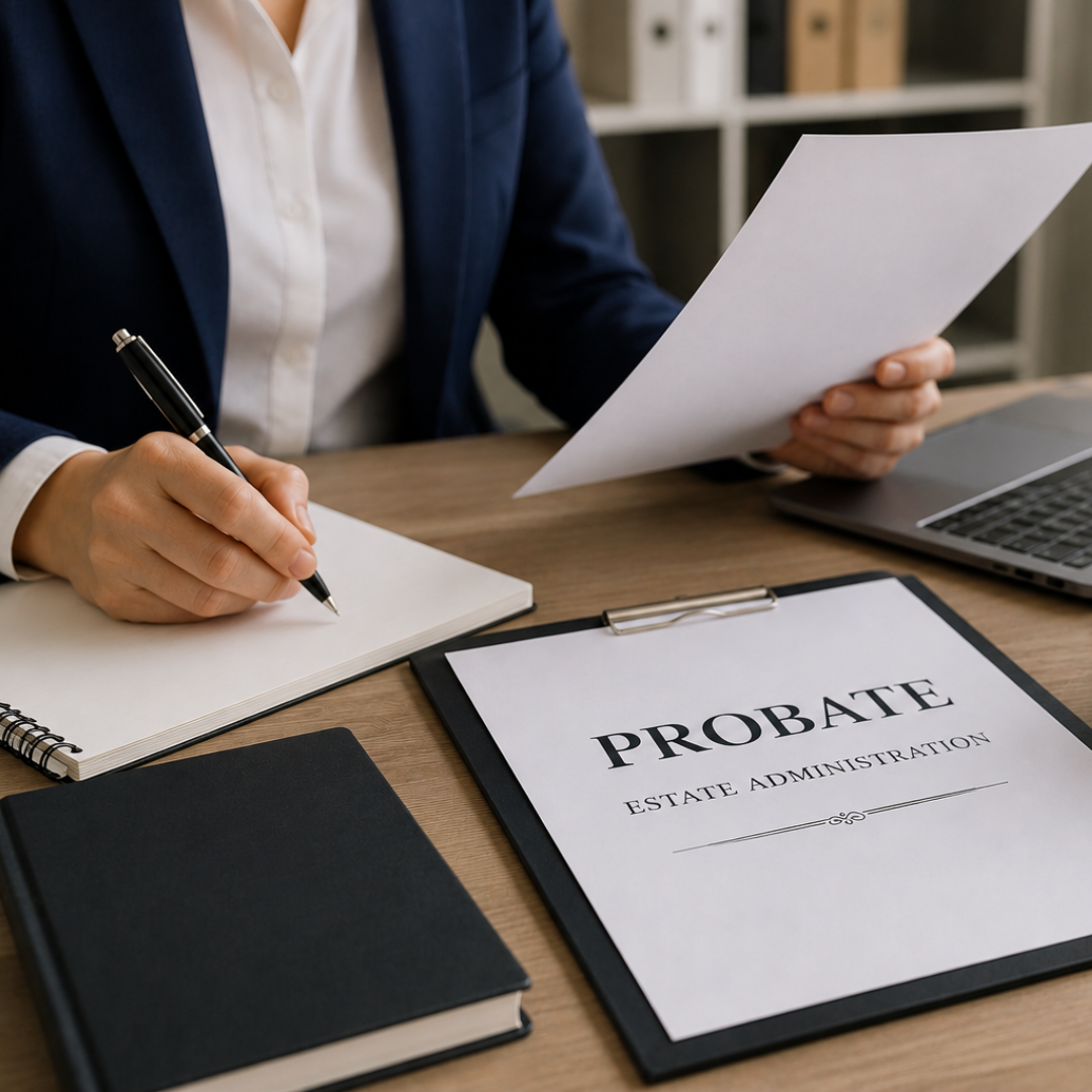 Probate solicitor reviewing estate administration documents in a professional office.